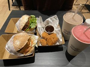 Herbie Heaven Burger, Spicy Stacker, Strawberry & Chocolate Shake and Vegan Nuggets!  at Burgerlove in Cranbourne
