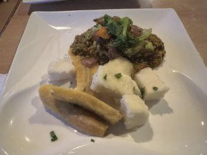 Egusi with boiled green plantain (not usually on the menu) and boiled yam- the overall favourite!  at Tatale Vegan Restaurant in Accra