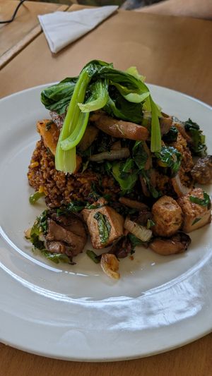 Jollof rice tatale style with tofu, mushrooms and pakchoi at Tatale Vegan Restaurant in Accra