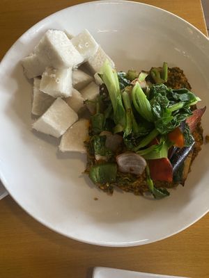 Ebusi with boiled yams  at Tatale Vegan Restaurant in Accra