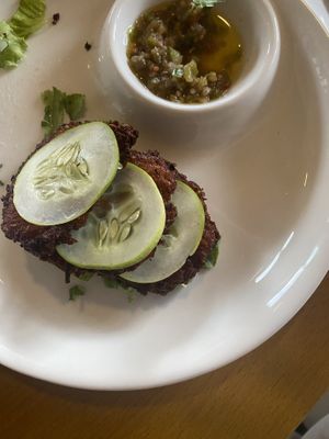 Kosayi with hot pepper sauce  at Tatale Vegan Restaurant in Accra