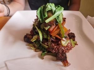 Tofu stirfry. You may as well get the mushroom stroganoff with extra tofu on the side as the veggies and rice are the same. at Tatale Vegan Restaurant in Accra
