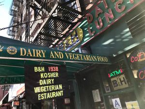 outside at B and H Dairy Vegetarian Restaurant in New York City