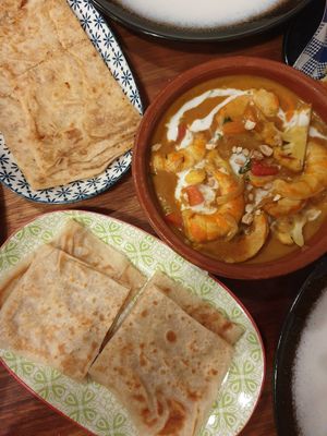 Garlic Roti $5.00, Chilli Roti $5.00, Prawn Korma $23.00 at Baba Hawker in Brunswick
