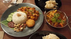 Nasi lemak with beef rendang, Asam fish and roti at Baba Hawker in Brunswick