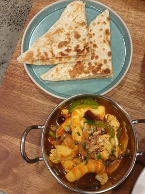 Assam prawn curry $23.00 with garlic roti: AMAZING salty/sour/spicy curry at Baba Hawker in Brunswick