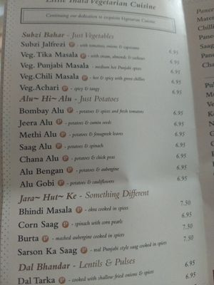 Menu at Archana in Belfast