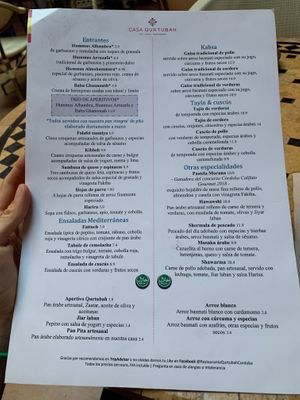 Menu at Casa Qurtubah in Cordoba