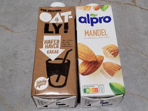 Two of their many, many vegan milks at Baronesha in Tirana