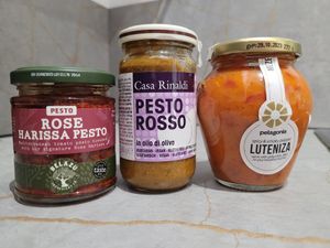 Vegan pesto and spreads. Lots of yummy options, including many not pictured like smoked eggplant spread, green pesto, green olive tepanade, etc. at Baronesha in Tirana