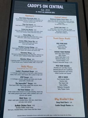 The menu at Caddy's On Central in St Petersburg