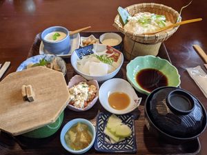 Soft tofu, pudding of tofu, okra, pickles, ... at Sakuraso in Oita