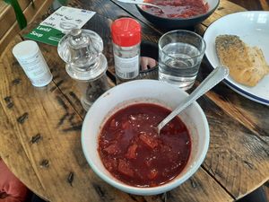 Borscht with bread at Zero Waste Hub in Edinburgh