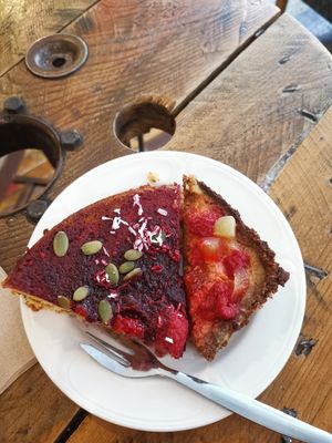 Lemon polenta cake with blackberried and mango square at Zero Waste Hub in Edinburgh