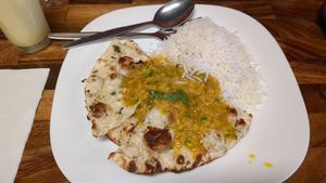 Vegan tadka dal ($15.90), vegan garlic naan ($5.0), and steam rice ($4.5) at Simply Vegan 'n' Veg in Pooraka