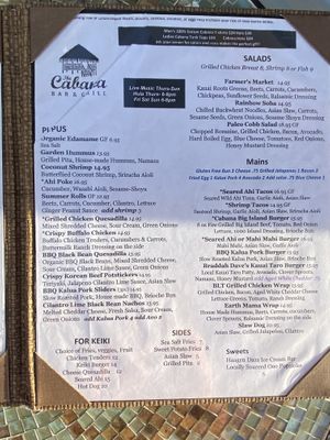 Menu  at The Cabana Bar & Grill in Koloa