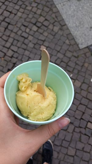 peach cassis ice cream 1,80€ (my own cup, they don't have reusable ones) at Brotgefuehle in Leipzig
