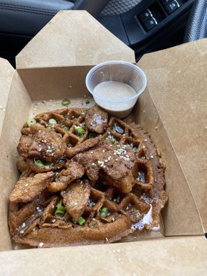 Chick’n and Waffles with maple cream sauce   at Lifestyle Cafe in Columbus