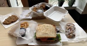 BLT , Chicken and waffles, cinnamon twist, and a chocolate chip oatmeal cookie!  at Lifestyle Cafe in Columbus