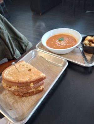 Tomato bacon grilled cheese with tomato soup at 4th & State in Columbus