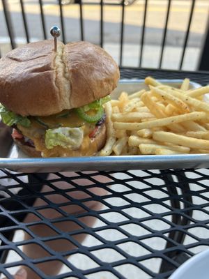 Jalapeño burger and french fries  at 4th & State in Columbus