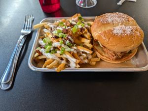 Loaded fries and chicken sandwich at 4th & State in Columbus