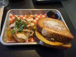 Breakfast Sammie on French toast with loaded hash browns - My. Taste buds. Are SO FREAKING HAPPY!!!!! Ugh I have to come back here  at 4th & State in Columbus