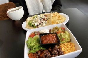 Mushroom gyro (top) and burrito bowl.  at 4th & State in Columbus