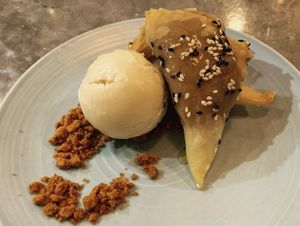 Banana and Peanut Butter Samosas with dairy free ice cream 🤤 at The Florist in Liverpool