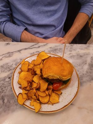 Vegan burger with sweet potato chips at Basilio in Lisbon