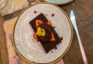 Brownie with raspberry sorbet   at Basilio in Lisbon