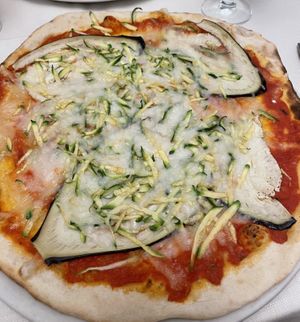 Pizza with eggplant, zucchine and vegan mozzarella  at Mangiafuoco in Rome