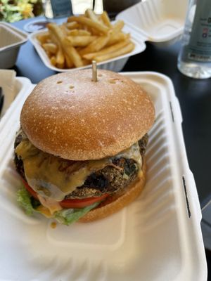 Kickin Queso Plant Burger and fries at The Dutch Door in Napa