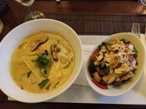 Curry soup and vegetables at Lemon Leaf in Prague