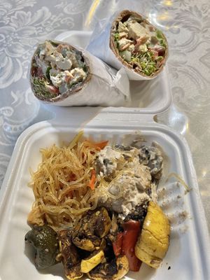 Mock chicken salad wrap and various items from hot bar  at Down to Earth - Store and Deli in Aiea