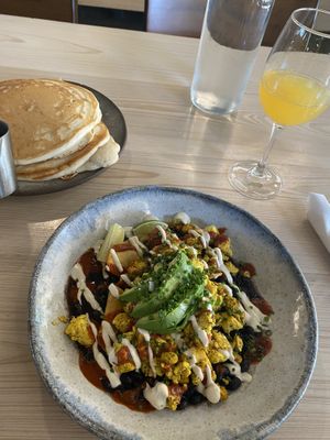 Vegan Rancheros , short stack and mimosa delicious and savory!  at Bearcat Cafe - CBD in New Orleans