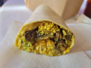 Vegan Breakfast Burrito, including delicious mushrooms at Bearcat Cafe - CBD in New Orleans