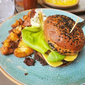 Vegan Beyound burger & potatoes. at Bearcat Cafe - CBD in New Orleans