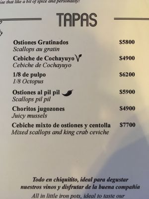 Menu at Santolla in Puerto Natales