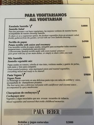 Menu at Santolla in Puerto Natales