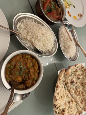 Chana Masala, Aloo Mutter, plain rice and garlic bread   at Accha in Chiang Rai