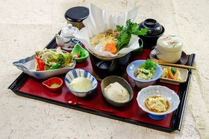 Matsumura Set (Lunch only)

-Yuba hot pot, yuba, two kinds of tofu, okara salad, vegetable tempura, steamed ”egg” custard, pickles, rice and miso soup- at Matsumura in Takasaki