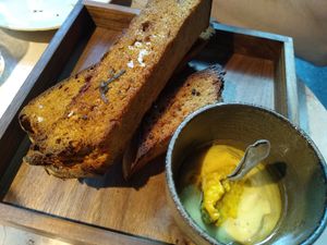 Roasted bread with mustard at Leuchtendroter in Frankfurt
