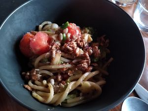 Breakfast: Buckwheat noodles with vegetables and roasted nuts at Leuchtendroter in Frankfurt