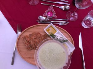 Fermented cashew cheese, seed bread, coconut butter, celery juice at TUI Blue in Santa Maria