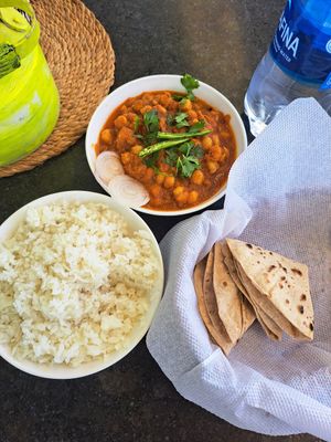 Chana masala with roti and rice at Cafe Boho in Udaipur