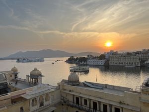 Views over the lake from the cafe   at Cafe Boho in Udaipur