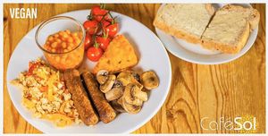 Medium Vegan breakfast, with vegan sausage and scrambled Tofu at Cafe Sol in Birmingham