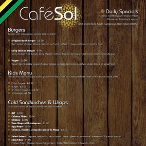 Menu at Cafe Sol in Birmingham