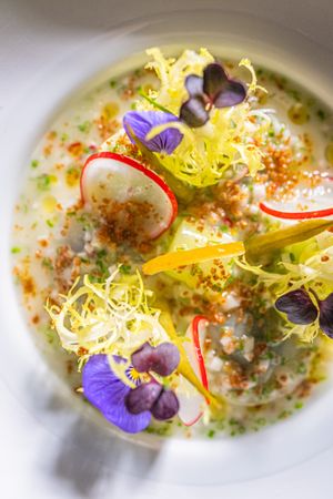 Marinated daikon turnips with daikon turnip leaf pesto, radish marinade, cucumber, radish and yuzu peel at Lafleur in Frankfurt